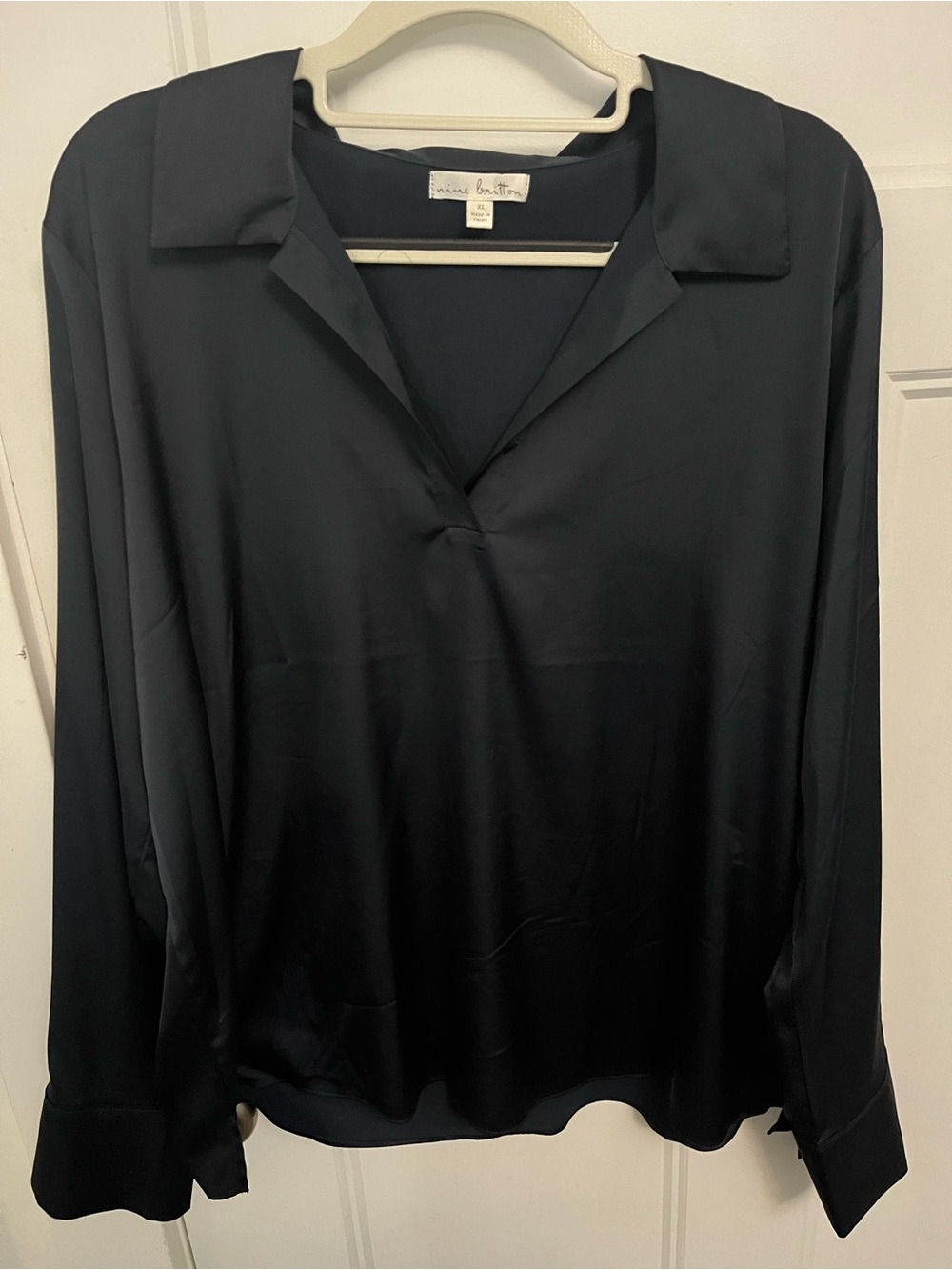 nine britton Black Satin V-Neck Blouse